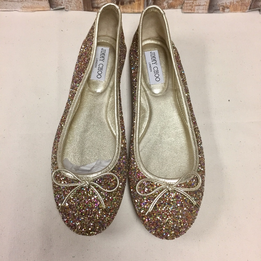 Jimmy Choo Gold Multicolor Glitter Ballet Flats